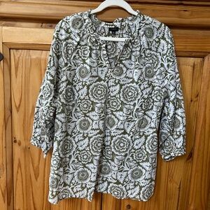Talbots Tunic Top 100% Cotton Floral 3/4 Sleeve‎ Ruffle V Neck Top Women's Large
